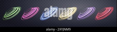 Glowing magic circles set. Neon realistic energy flare rings with sparkling particles. Abstract light effect on a dark transparent background. Vector Stock Vector