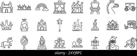 Fairytale princess castle icons set. Line art icon set including various elements of fairy tales, princesses, and medieval times Stock Vector