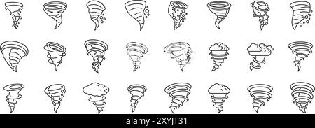 Cyclone twister cloud icons set. Set of simple line art icons representing tornadoes, perfect for illustrating natural disasters or weather phenomena Stock Vector
