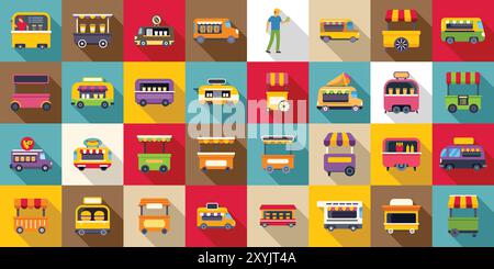 Cafe wheels icons set. Colorful icons depicting various food trucks and street food kiosks offering a wide range of culinary delights Stock Vector