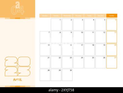 Wall planner for April 2025 in English language, week starts in Monday