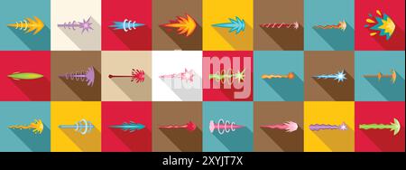 Laser gun shots icons set. Collection of cartoon magic spell trajectory icons showing different fantasy attacks Stock Vector