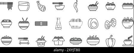 Udon noodles icons set. Asian food icons set in thin line style, representing different types of noodles and ingredients Stock Vector