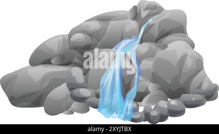 Cartoon waterfall cascading over rocks, creating a small pond at the bottom Stock Vector