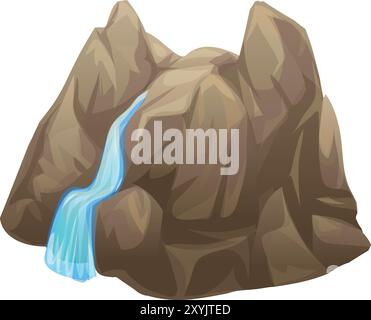 Cartoon illustration of a small, blue waterfall cascading over the side of a rock formation Stock Vector