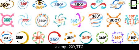 360 degrees icons set. Collection of various colorful arrows rotating 360 degrees, symbolizing concepts such as full cycle, panoramic view, and continuous process Stock Vector