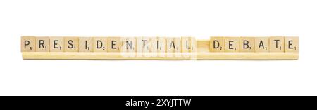 Miami, Florida 8-28-24 PRESIDENTIAL DEBATE made with square wooden tile English alphabet letters with on a wood rack holder. 2024 presidential electio Stock Photo