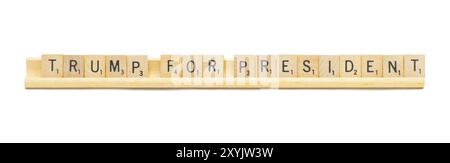 Miami, Florida 8-28-24 TRUMP FOR PRESIDENT made with square wooden tile English alphabet letters with on a wood rack holder. 2024 presidential electio Stock Photo