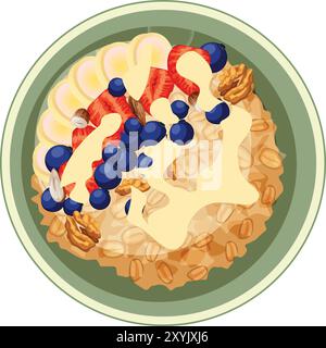 Oatmeal topped with sliced bananas, strawberries, blueberries, walnuts, and cream in a bowl Stock Vector