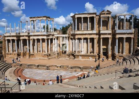 Ancient Roman theatre with stone ruins in the open air, occupied by a few visitors, Teatro Romano de Merida, Roman theatre of Merida, Merida, Badajoz, Stock Photo