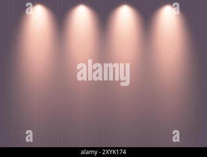 Minimal display background with glowing spotlights shining down on a wall Stock Vector