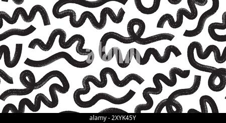 Abstract black ink brush waves, squiggles, strokes vector seamless pattern. Hand drawn grunge curved organic shapes. Stock Vector