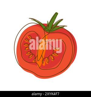 Healthy Food Ingredient Sliced Red Tomato Vegetable in Line Art Design Stock Vector