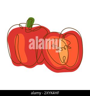 Healthy Food Ingredient Red Paprika Vegetable in Line Art Design Stock Vector