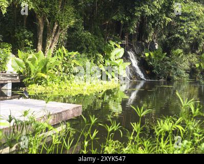 Beautiful little waterfall on the lake in tropical forest. Thailand Stock Photo