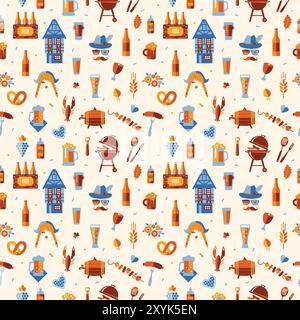 Oktoberfest seamless surface pattern. Beer festival icon pattern design on light background. Stock Vector