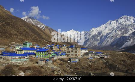 Beautiful landscape in the Langtang valley, Nepal. Snow covered mountains and village Kyanjin Gumba Stock Photo