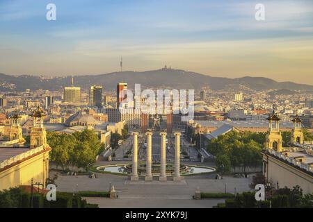 Barcelona Spain, high angle view sunrise city skyline at Barcelona Espanya Square Stock Photo