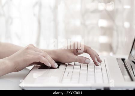 Close up of female hands using modern computer, high key. Blogger concept Stock Photo
