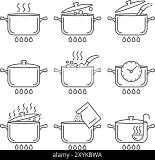 Сooking pots icons set in flat style. Saucepan vector illustration on isolated background. Pan sign business concept. Stock Vector