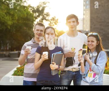 Group of college students during a brake between classes, chatting, comparing notes, having fun Stock Photo