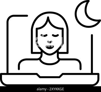 Woman on video call on laptop with moon symbol next to it. Night time call centre and support. Pixel perfect vector icon Stock Vector