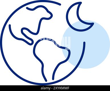 Earth and crescent moon. Global rest, nighttime shift. Pixel perfect, editable stroke icon Stock Vector