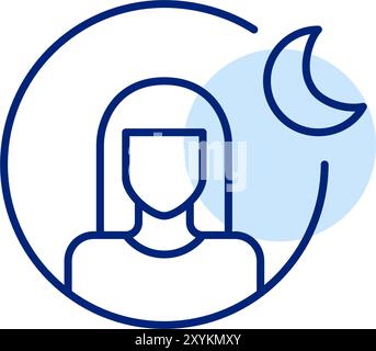 Female user avatar with crescent moon next to it. Night time mode or sleep tracker app. Pixel perfect, editable stroke icon Stock Vector
