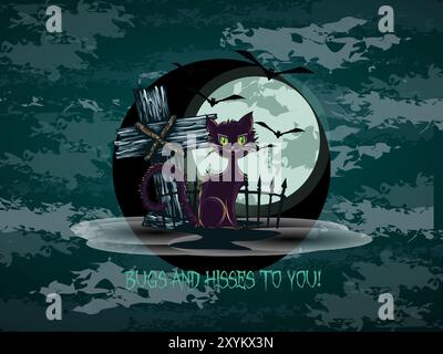 A cat is sitting on a fence next to a cross and bats. The image is titled "Bugs and Hisses to You!" Stock Vector