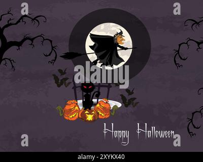A witch is flying over a field of pumpkins and bats. The image is a Halloween card with a witch on a broomstick and a cat on the ground Stock Vector