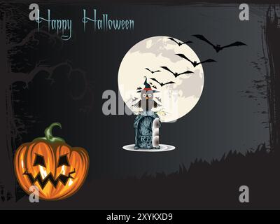 A Halloween themed poster with a pumpkin and an owl on it. The owl is wearing a hat and is standing in front of a gravestone. The poster has a spooky Stock Vector