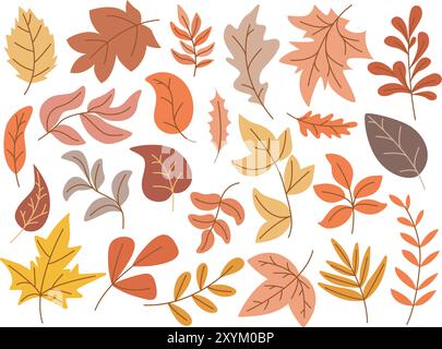 Set of colorful autumn leaves. Yellow red orange and brown tree branches and foliage. Falling leaves clip art, vector graphics Stock Vector