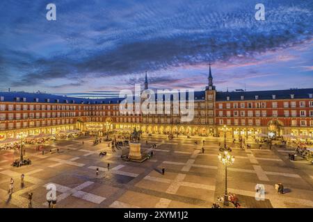 Madrid Spain, aerial view night city skyline at Plaza Mayor Stock Photo