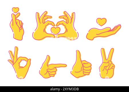 Hands with gestures OK, peace sign, thumb up, pointing index finger. Cupped hands, hand holding heart. Line icons. Vector illustration Stock Vector