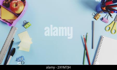 Primary school flat lay concept with assorted school supplies, notepad, pen, pencil, markets, stickers, paper clips and lunch box with sandwich, nuts Stock Photo
