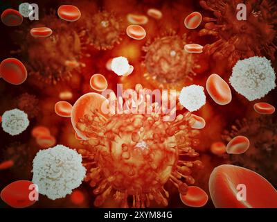 Microscopic view of H5N1 virus with red blood cells and white blood cells Stock Photo