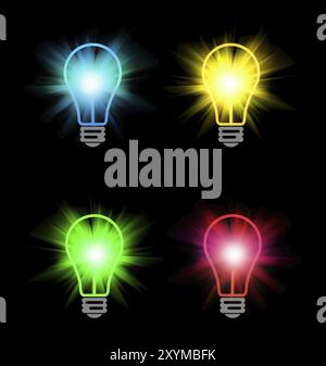 Set of bright color bulbs on black background Stock Photo