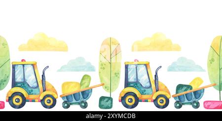 Tractor, wheelbarrow, trees and clouds in watercolor. Construction site seamless border clipart in cartoon style. Roadworks design for children's room illustrations, cards or educational materials Stock Photo