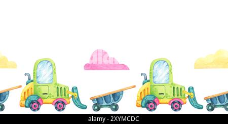 Excavator, wheelbarrow and clouds in watercolor. Construction site vehicles seamless border clipart in cartoon style. Cute building site car illustration for children's rooms, clothing or textile Stock Photo