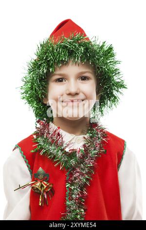 Little cheerful smiling child boy in Santa helper gnome or elf costume white isolated Stock Photo