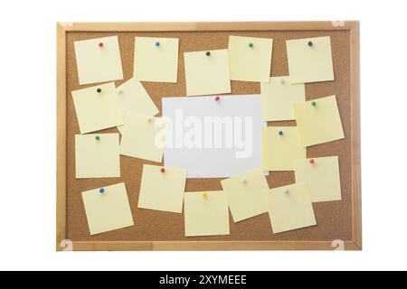 Corkboard and blank paper notes. Isolated on white Stock Photo