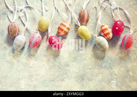Easter background with Easter eggs. Top view with copy space Stock Photo