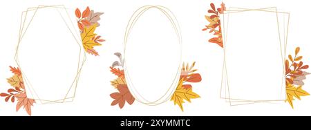Set of graceful golden frames decorated with autumn leaves. Rectangular, oval and polygonal templates for creating fall design of card, flyer, postcar Stock Vector