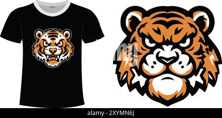 Fierce Bengal angry Tiger face T-Shirt Design Aggressive Wild Beast head front view Artistic Roaring Feline Cartoon Illustration Creative Vector Stock Vector