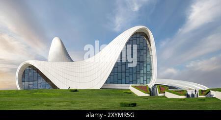 The fluid, wave-like architecture of the Heydar Aliyev Center in Baku under a bright sky.
