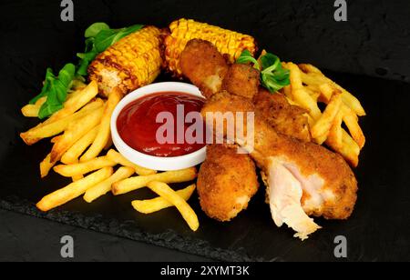 Southern fried chicken drumsticks and potato French Fries meal Stock Photo