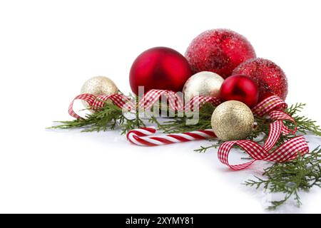 Christmas decoration with red and golden balls, isolated on white, selective focus Stock Photo