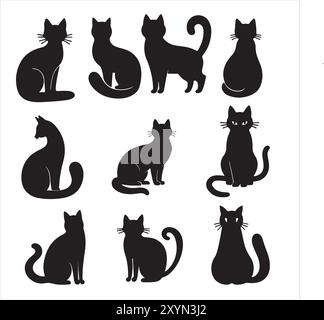 black cat silhouette set with white background Stock Vector
