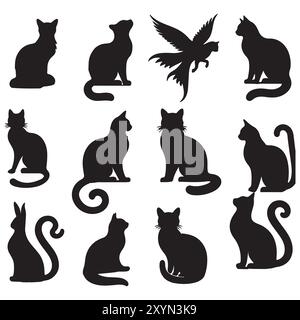 black cat silhouette set with white background Stock Vector