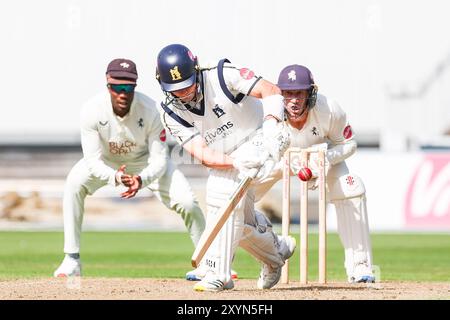 Birmingham, UK. 30th Aug, 2024. #27, Michael Booth of Warwickshire in action with the bat during the Vitality County Championship Division One match between Warwickshire CCC and Kent CCC at Edgbaston Cricket Ground, Birmingham, England on 30 August 2024. Photo by Stuart Leggett. Editorial use only, license required for commercial use. No use in betting, games or a single club/league/player publications. Credit: UK Sports Pics Ltd/Alamy Live News Stock Photo